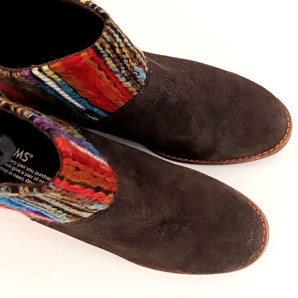 TOMS Leilia Brown Suede Ankle Boot Multicolor Woven Cuff  Block Heel Tassel Sz 7 - Picture 4 of 8